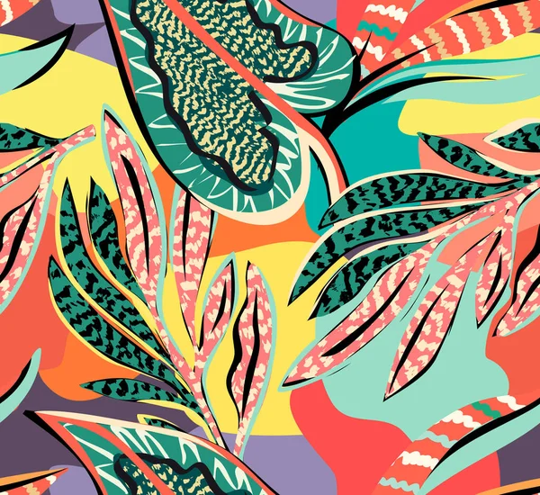 Patrón Tropical Con Elementos Dibujados Mano Multicolores Fondo Divertido Patrón — Vector de stock