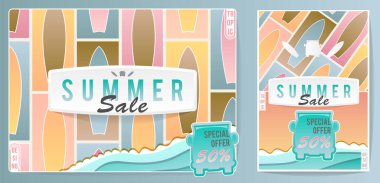 Sörf stili dekorasyon için afiş ve afiş. Yaz dekorasyonu için mükemmel. Reklam, satış ve pazarlama kavramı