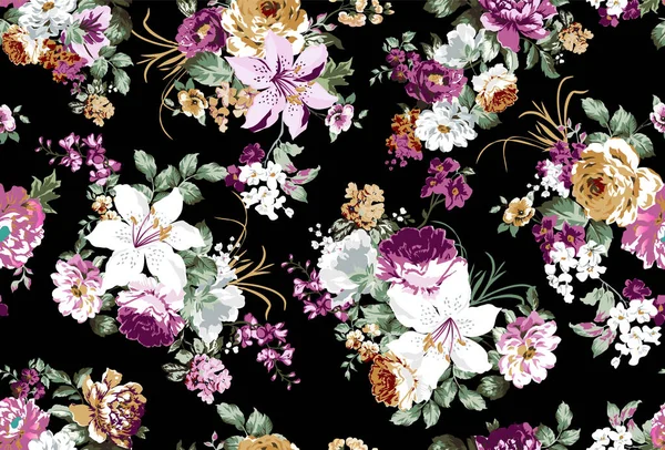 Blumenmuster Mit Rosen Und Kleinen Blumen Für Klassische Tapisserien Textilien — Stockvektor