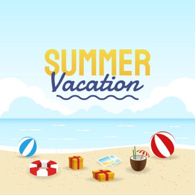 Yaz arkaplanının el çizimi çizimi. Tropik bitkiler, çiçek, plaj topu ve deniz yıldızı. Pankart ve el ilanı için tasarım şablonu. Vektör İllüstrasyonu