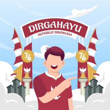 Endonezya 'nın bağımsızlık gününü 17 Ağustos' ta kutluyoruz (Dirgahayu republik Endonezya). Endonezya ulusal bayrakları. Vektör İllüstrasyonu