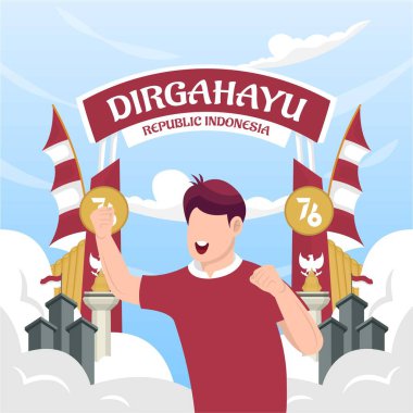 Endonezya 'nın bağımsızlık gününü 17 Ağustos' ta kutluyoruz (Dirgahayu republik Endonezya). Endonezya ulusal bayrakları. Vektör İllüstrasyonu