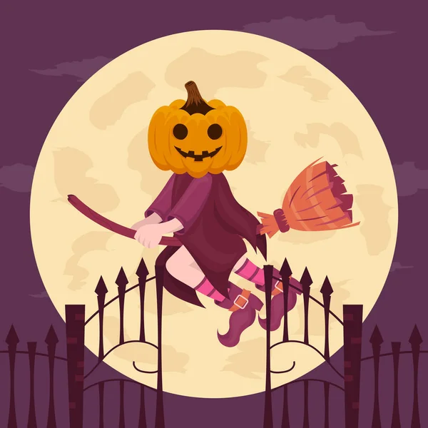 Šťastný Halloween Banner Nebo Blahopřání Koncept Čarodějnicí Používá Tykev Hlavě — Stockový vektor