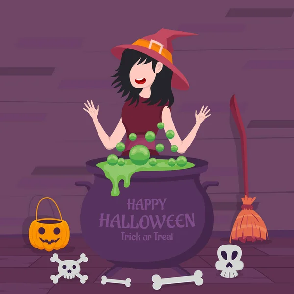 Bannière Halloween Heureuse Concept Carte Vœux Avec Femme Sorcière Faisant — Image vectorielle