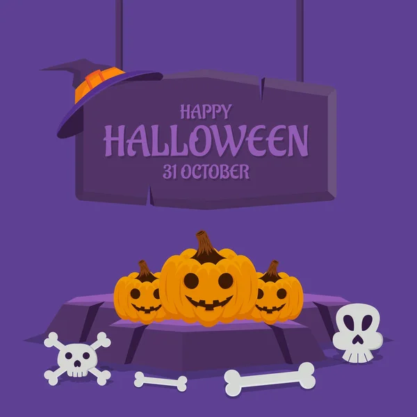 Happy Halloween Banner Oder Grußkarte Konzept Mit Drei Kürbissen Vektorillustration — Stockvektor