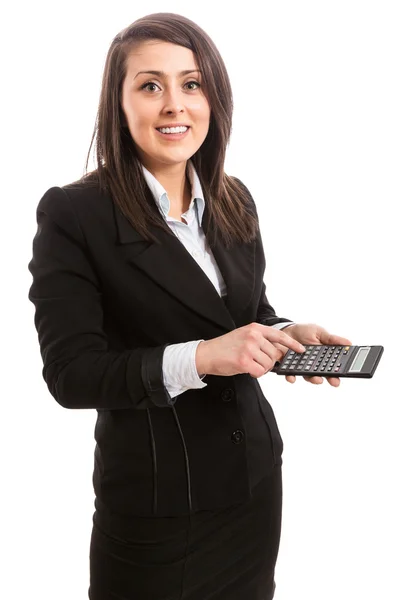 Joven contable sonriente con calculadora — Foto de Stock