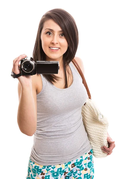 Attraktiv kvinna med videoinspelning — Stockfoto