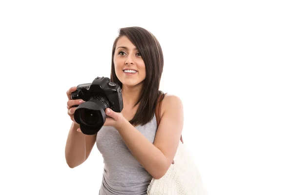 Ung kvinnlig turist med kamera — Stockfoto