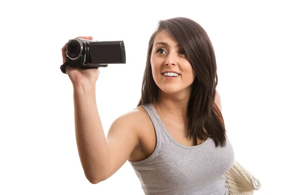 Young beautiful woman with camera — Stock Photo, Image