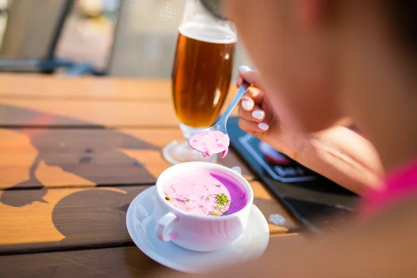 Deliciosa sopa de remolacha refrescante y cerveza refrescante — Foto de Stock