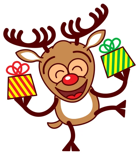 Reindeer holding decorated gifts — Stock Vector