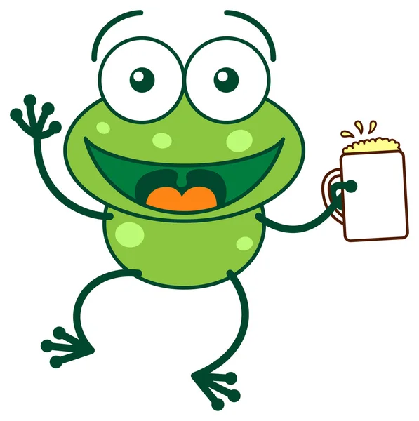 Frog holding beer in glass — Stock Vector