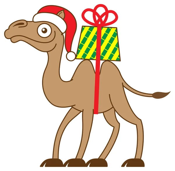 Christmas camel carrying a gift on his back — Stock Vector