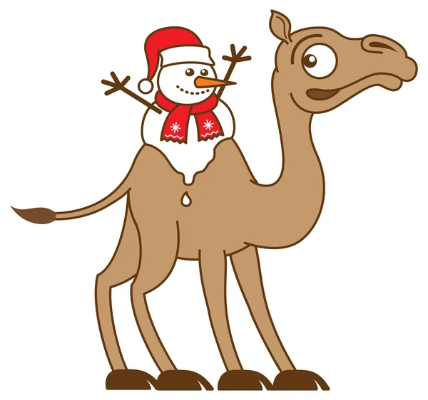 Christmas snowman on worried camel — Stock Vector