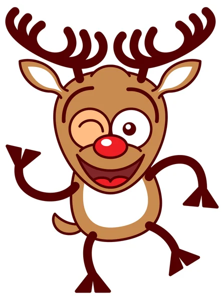 Printreindeer winking and waving enthusiastically — Stock Vector