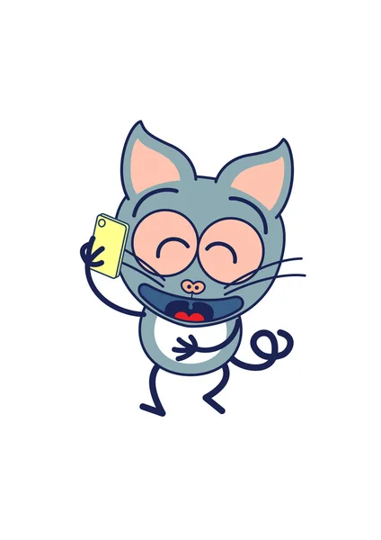 Szary kot rozmawiając z ożywieniem na smartphone — Wektor stockowy