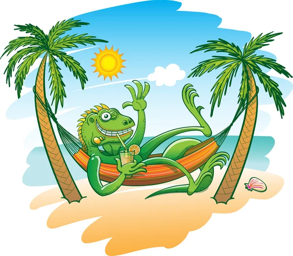 Iguana verde descansando en una hamaca — Vector de stock