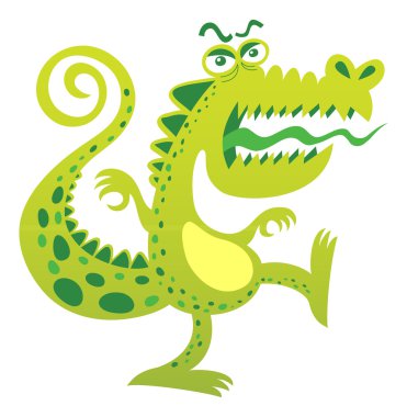 Angry crocodile, with curly tail, bulging eyes, green spotted skin, big mouth and sharp teeth while balancing its body, opening its mouth, sticking its tongue out and yelling in a menacing attitude clipart