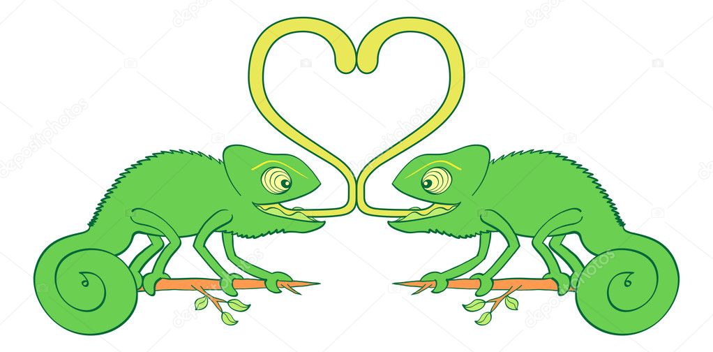 A couple of funny green chameleons with bulging eyes and curly tails looking surprised, smiling, staring at each one and sticking their tongues out to form a big heart while falling in love
