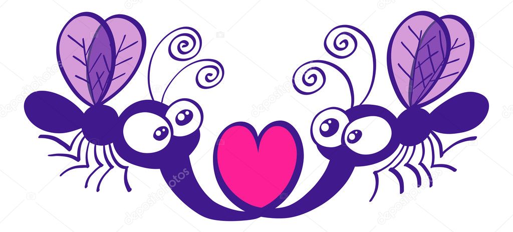 A couple of funny purple mosquitoes looking surprised, staring at each other and forming a heart with their proboscises while floating in the air and falling in love