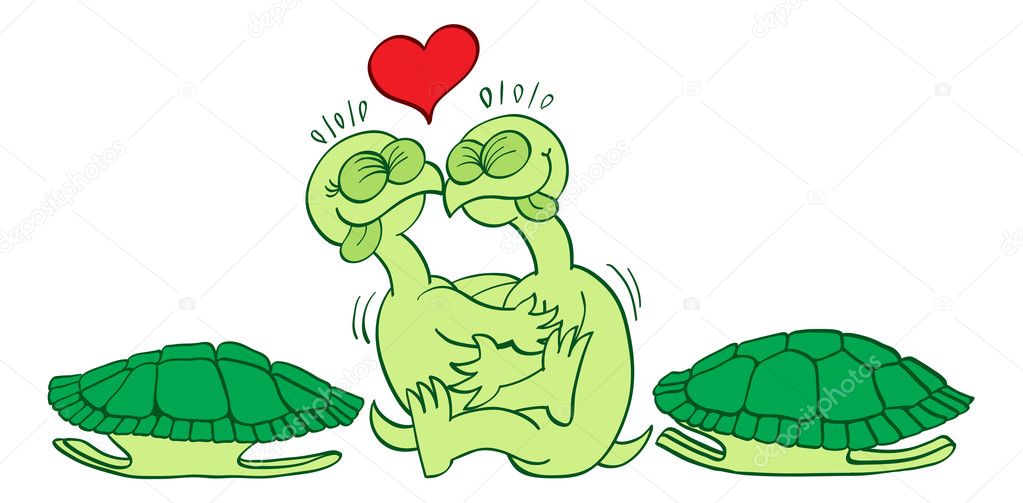 Couple of green turtles clenching their eyes, sticking their tongues out and hugging passionately while enthusiastically making love after getting rid of their heavy and unmanageable shells