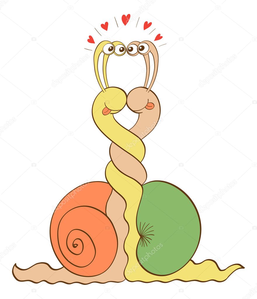 Enthusiastic snails in a love encounter, smiling, sticking their tongues out, staring at each other and intertwining their bodies while taking a vertical position and showing plenty of red hearts