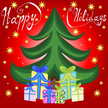 Noel 'de yeni yıl tatilinde Noel ağacı ve hediyelerle dolu mutlu tatil kartları, kırmızı arka plan.