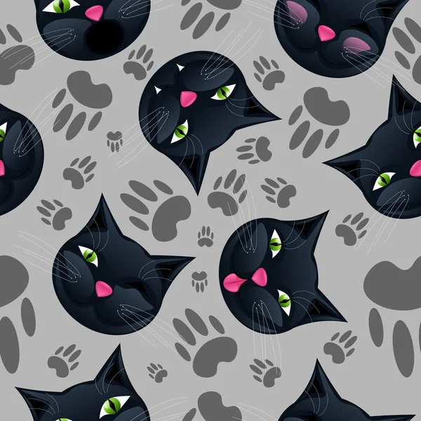 Бесшовный Рисунок Черными Милыми Мультяшными Эмоциями Кошек Отпечатков Пальцев — стоковый вектор