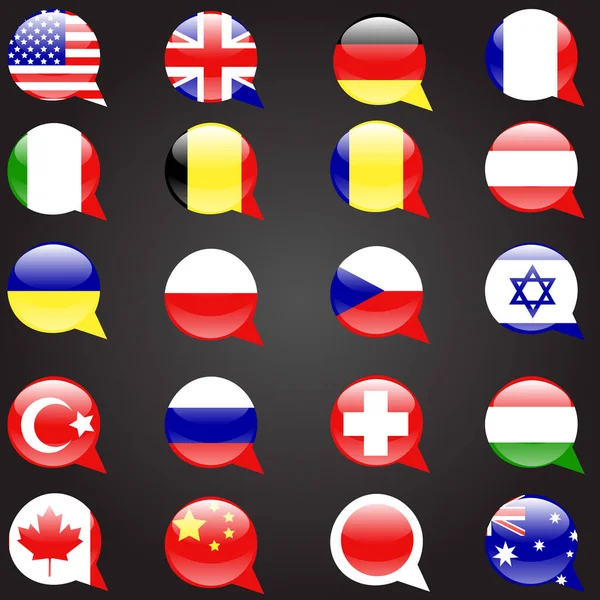 Veinte Banderas Establecer Idiomas Voz Burbuja Bandera Idioma Botón Icono Vector de stock