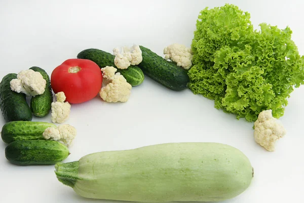 Свіжі Овочі Крупним Планом Помідори Огірки Салат Цвітна Капуста Кабачки — стокове фото