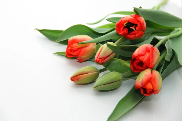 Ein Strauß Roter Tulpen Liegt Auf Einem Hellen Tisch — Stockfoto