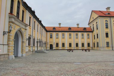 28 Nisan 2014 'te Nesvizh Kalesi' nin Minsk bölgesindeki Belarus 'taki eski duvarlarına bakıldı.
