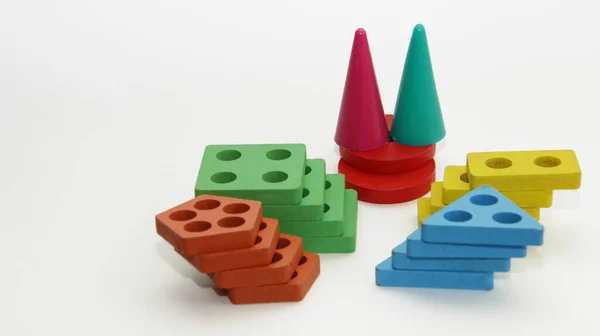 Formas Geométricas Diferentes Brinquedos Fundo Branco Jogos Shapes Educational Coloridos — Fotografia de Stock