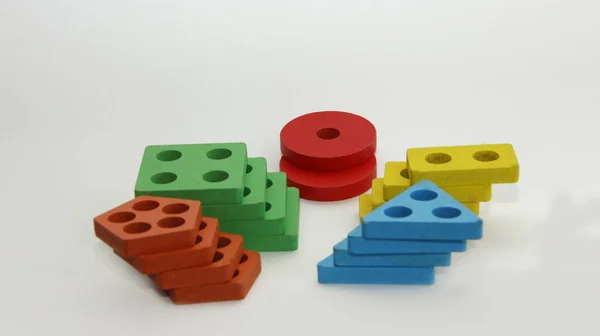 Formas Geométricas Diferentes Brinquedos Fundo Branco Jogos Shapes Educational Coloridos — Fotografia de Stock