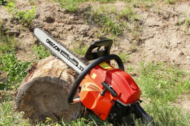 GOMEL, Belarus Cumhuriyeti, 5 Ağustos 2020: Tahta bir kütük üzerinde bir testere dinleniyor ve yazın ormanda bir balta yanında duruyor. Ormanların tahrip edilmesi