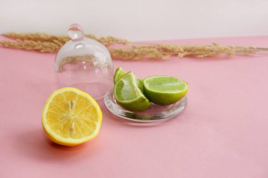 Pembe arka planda limon ve limon dilimleri ve dilimde limon. Limon, limon ve parlak bir arka planda sulu limon dilimleri. Limon, limon ve parlak bir arka planda sulu limon dilimleri.. 