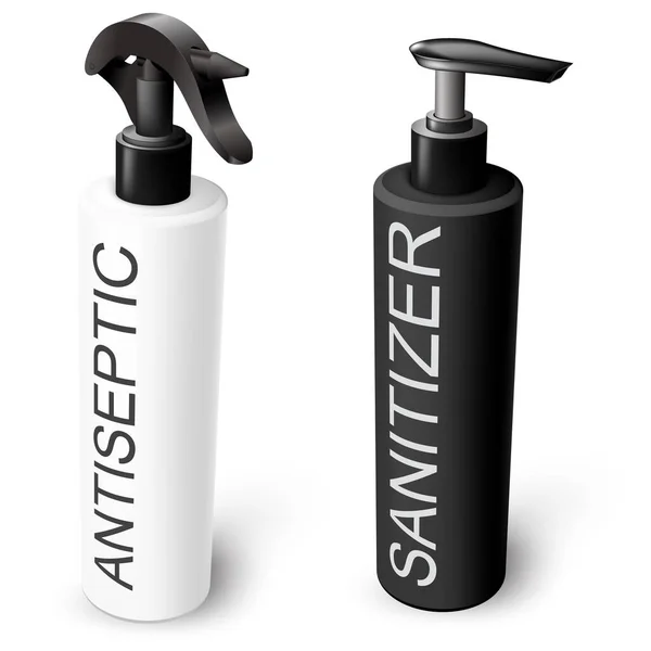 Vector Set Sanitizer Antiseptic Gel Spray Dispensers Black White Isolated — 图库矢量图片