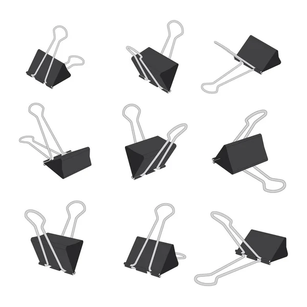 Vector Set Perspective Paper Binder Clips Isolated — Stock Vector