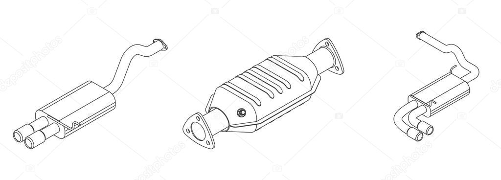 Vector contour isometric illustration of car exhaust pipe and catalytic converter system - line art