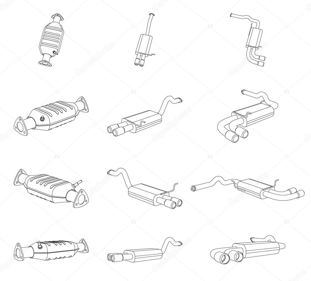 Vector perspective contour illustration of car exhaust pipe and catalytic converter system - line art