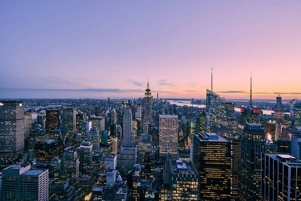 Oversigt Skyskrabere Solnedgang New York Stock-billede