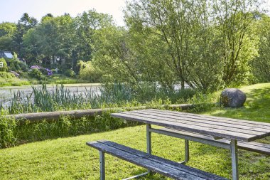 Suyun kenarındaki yeşil alanda bir bank.