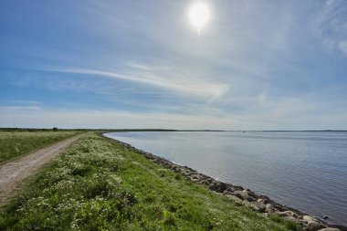 Büyük bir tarlanın yanında güzel mavi bir göl.