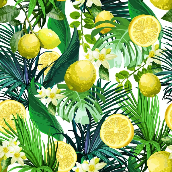 Motivo senza cuciture di limone, fiori e foglie tropicali — Vettoriale Stock