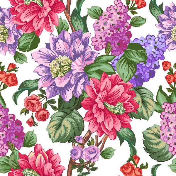 Gyönyörű rózsaszín witn lila virágok és zöld levelek. — Stock Vector