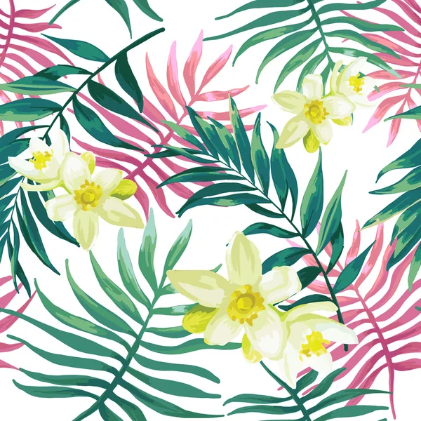 Fern, tropische palmbladeren en witte bloemen. — Stockvector