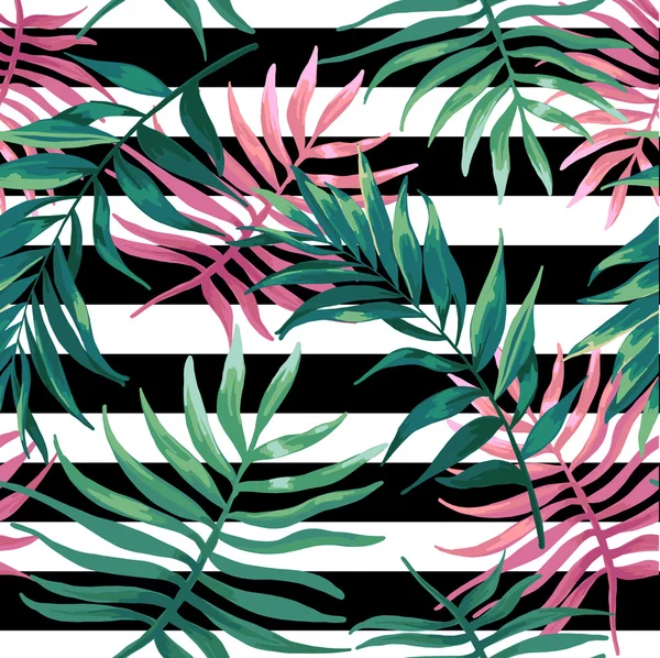 Palm leaves and fern on a black stripes. — Stock Vector