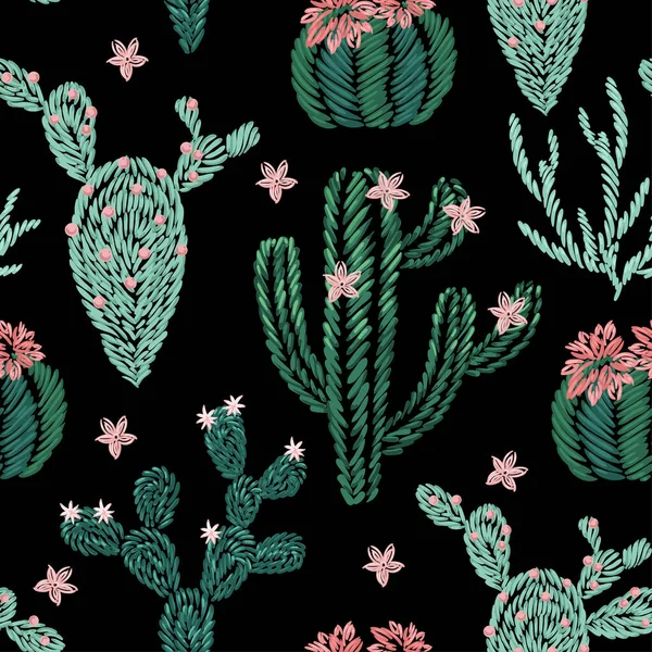 Patrón Sin Costuras Plantas Cactus Bordados Sobre Fondo Negro — Archivo Imágenes Vectoriales