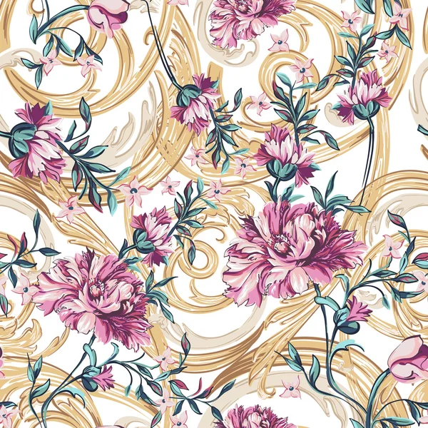 Декоративные цветы с бесшовным рисунком барокко — стоковый вектор