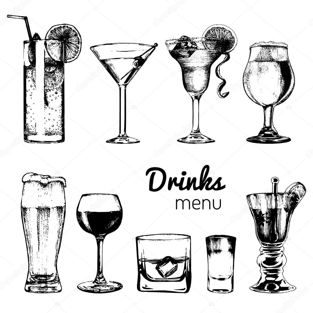 set of alcoholic drinks and cocktails